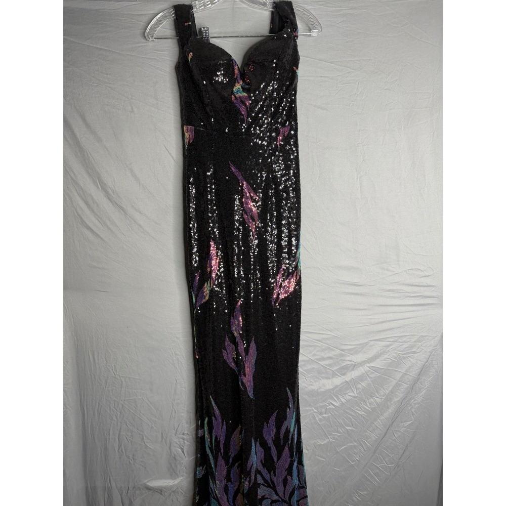Vintage Black Sequin Iridescent Floral Maxi Prom Dress Sweetheart Gown Size 2